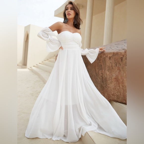 White Off Shoulder Flounce Sleeve Ruched Chiffon Maxi Dress Size Small - Picture 2 of 9